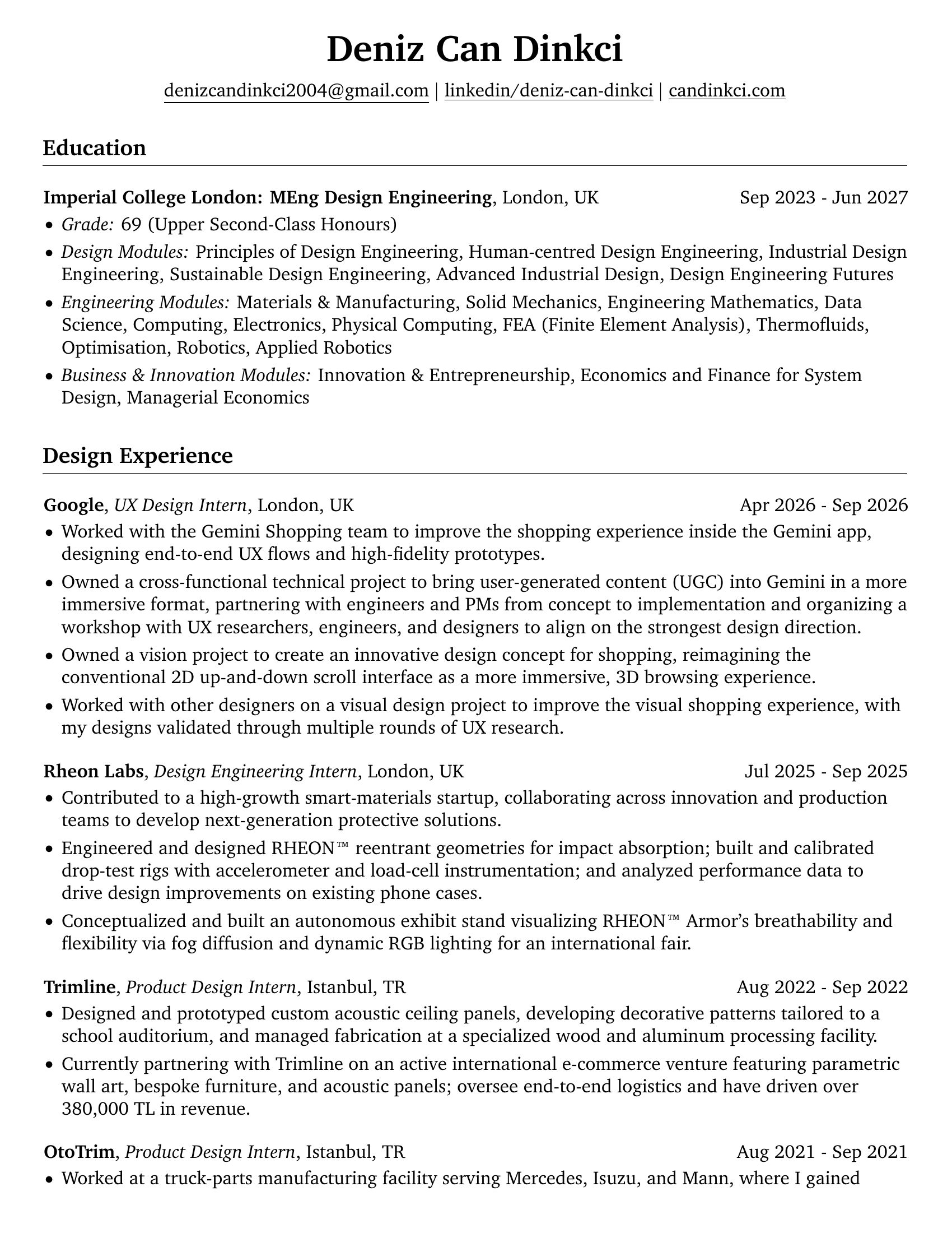 CV page 1: education and design experience