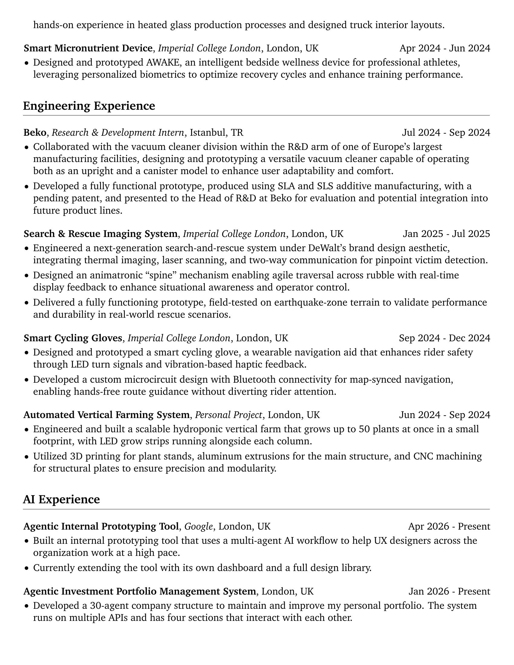 CV page 2: experience and projects